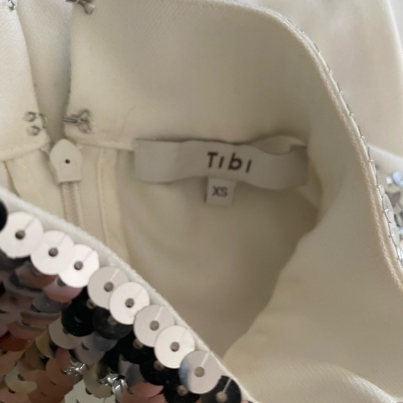 TIBI- Sliver Sequin Drawstring High Neck Contrasting Longsleeve Mini Dress - Picture 9 of 9